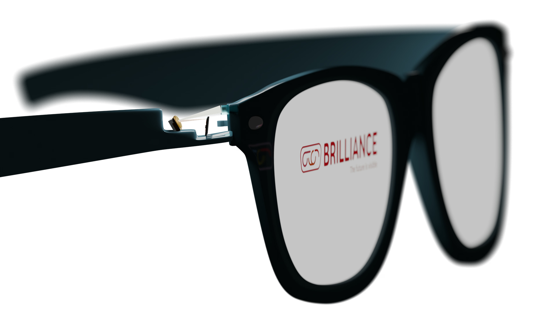 A close-up shot shows a pair of dark eyeglasses with a cutout on the temple revealing internal electronic components and a beam of light. A company logo and the word BRILLIANCE are printed on the right lens.