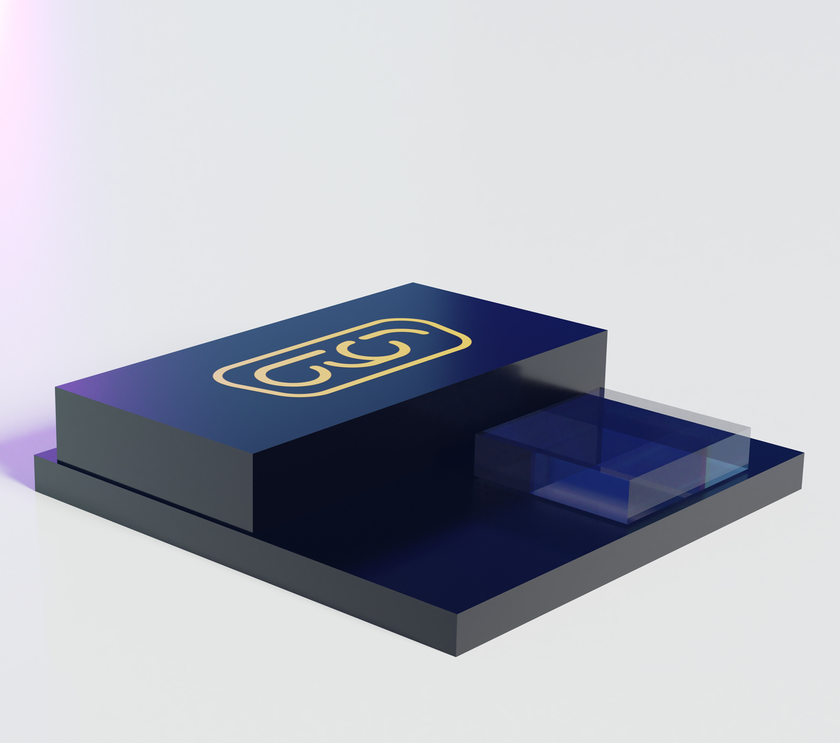 A 3D render shows a dark blue platform on a white background. The platform has a raised section marked with a golden logo of a rounded rectangle intertwined with curved lines, and a transparent blue cube sits on the lower section.