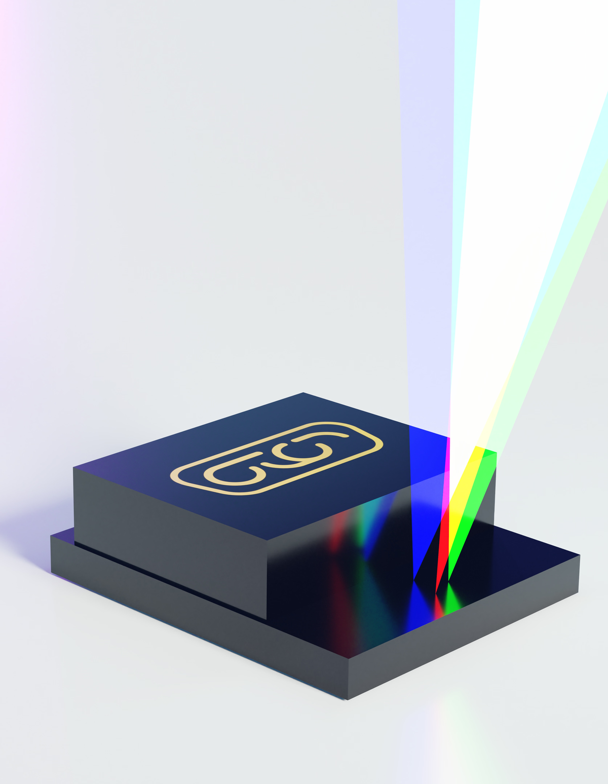 A graphic, close-up shot, features a black microchip with a gold outline, it splits a beam of light into blue, red, and green rays. The chip rests upon a black podium.