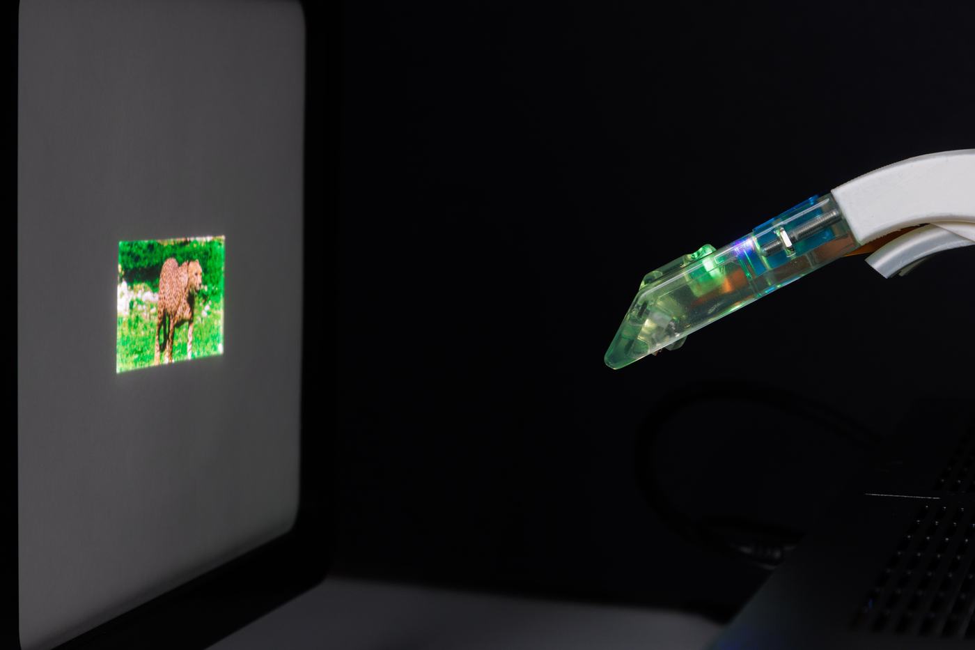 A small handheld device with a green-tinted transparent tip points toward a screen displaying a colorful image of an animal in grass.