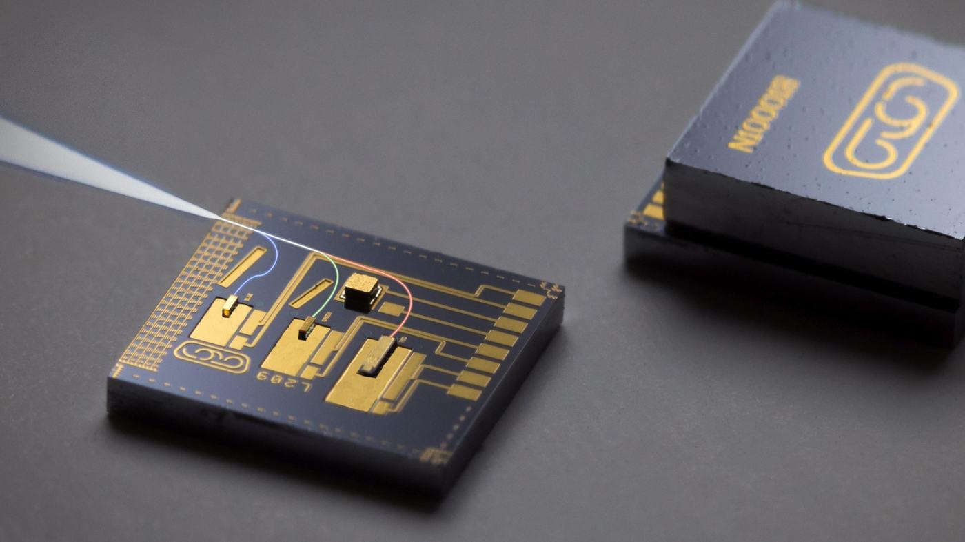 A close-up shot shows a microchip with intricate gold circuitry and microscopic wires connecting components, next to a similar packaged module with a printed logo.