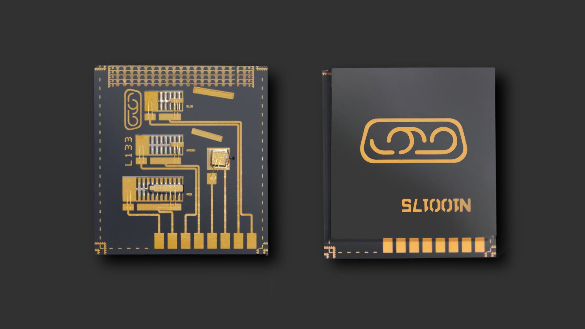 Two square microchips are shown against a dark gray background. The chip on the left features intricate golden circuit traces, pins, and symbols. The chip on the right has a smooth black surface with a large golden emblem and text.