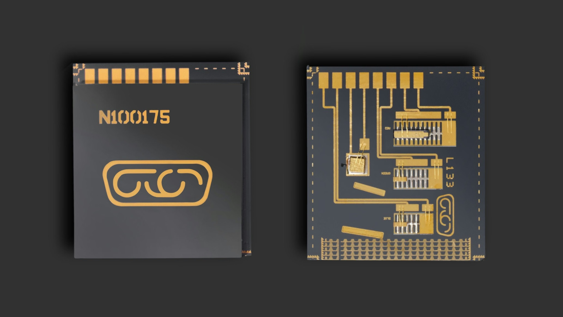 Two square microchips are shown against a dark gray background. The left chip displays the text N100175 and a golden logo, while the right chip reveals an intricate pattern of golden circuitry.