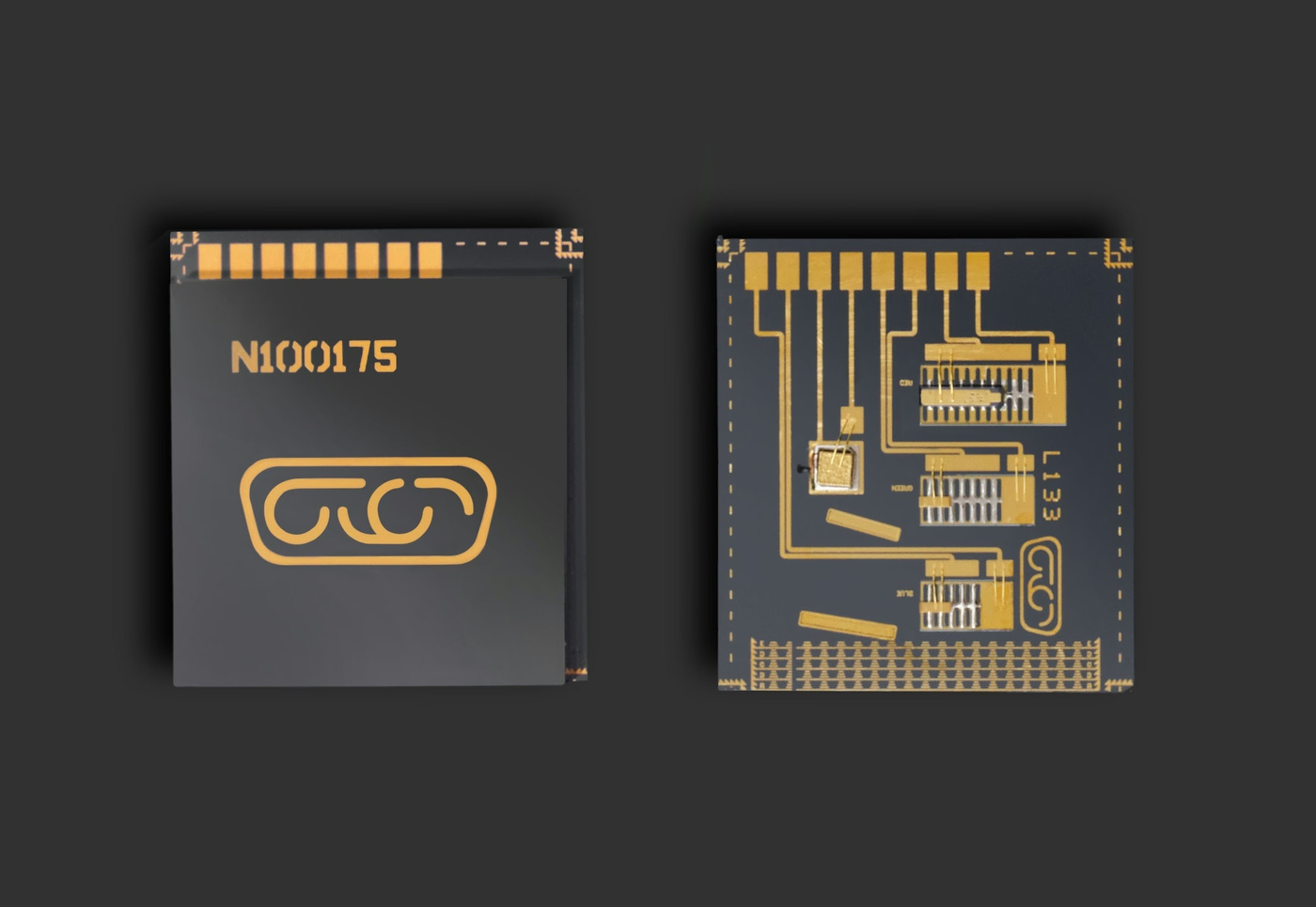 Two square microchips are shown against a dark gray background. The left chip displays the text N100175 and a golden logo, while the right chip reveals an intricate pattern of golden circuitry.