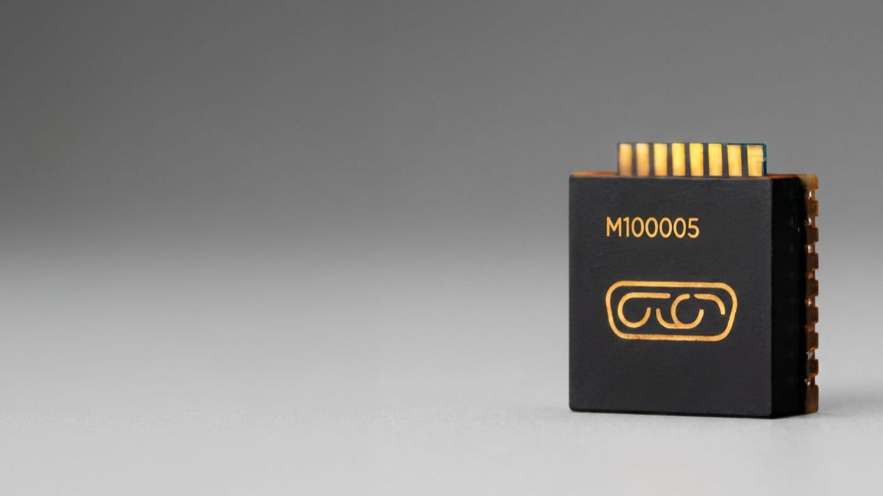 A black electronic component sits on a plain grey surface. The device features gold-colored text reading M100005 above a stylized logo, with a row of gold pins protruding from the top.