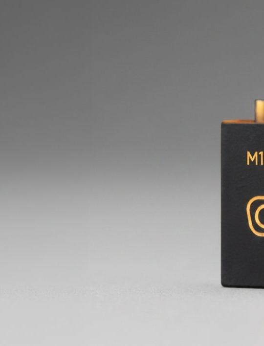 A black electronic component sits on a plain grey surface. The device features gold-colored text reading M100005 above a stylized logo, with a row of gold pins protruding from the top.