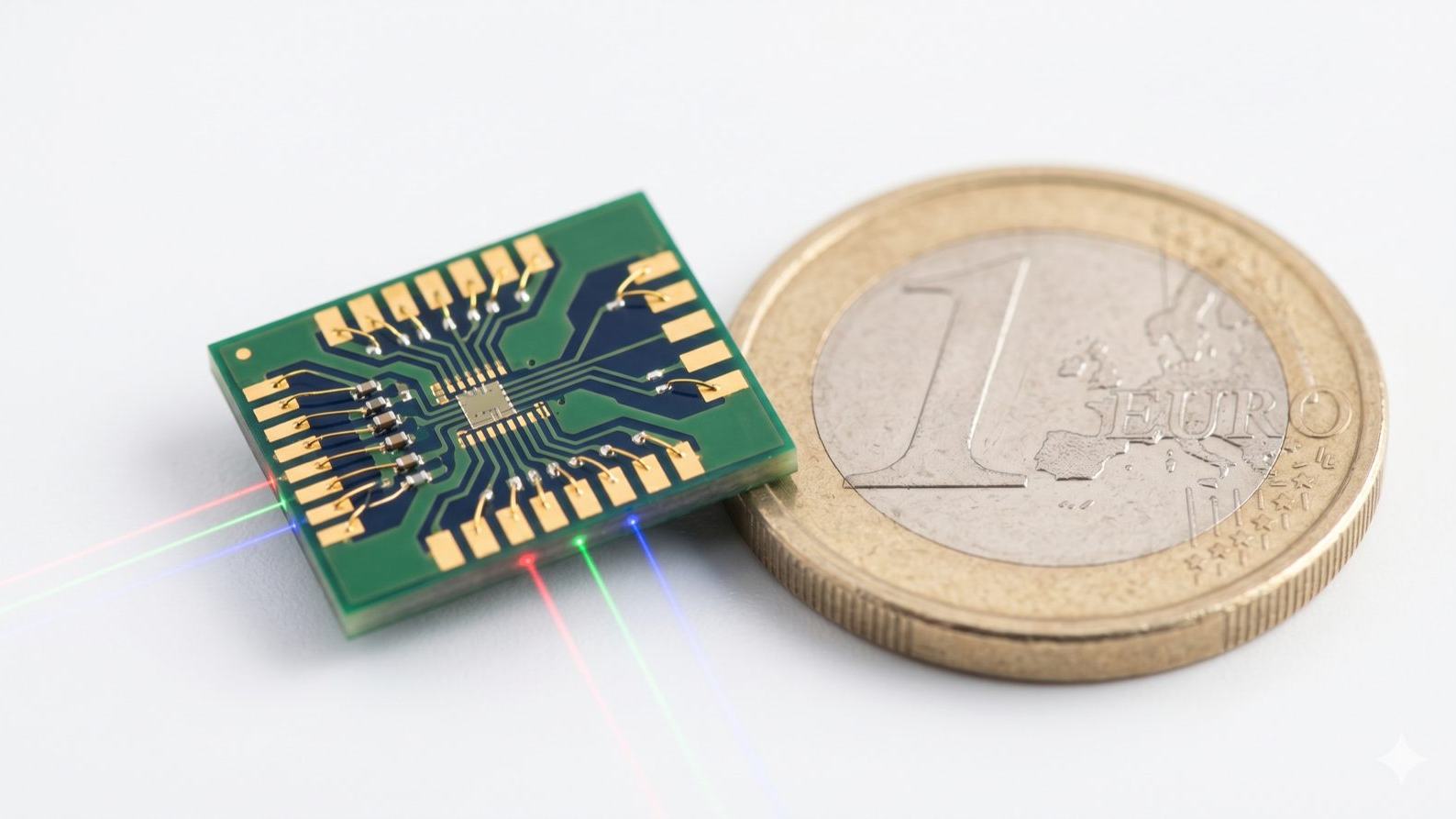A small, green circuit board with fine gold traces and micro-components rests next to a coin. Red, green, and blue light beams are shown connecting to the edge of the circuit board.