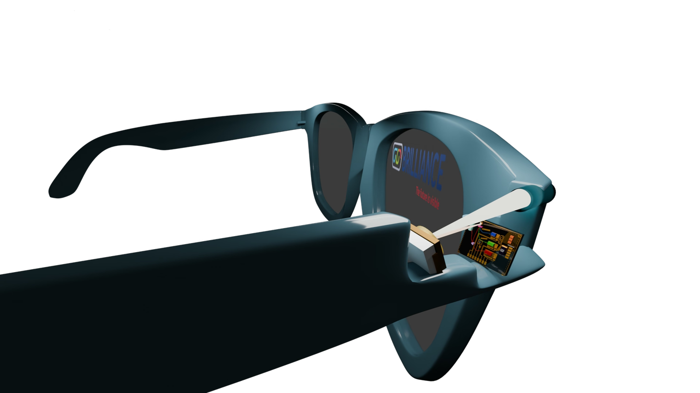A diagram of smart glasses in profile view shows an internal circuit board emitting a white light beam toward the lens.